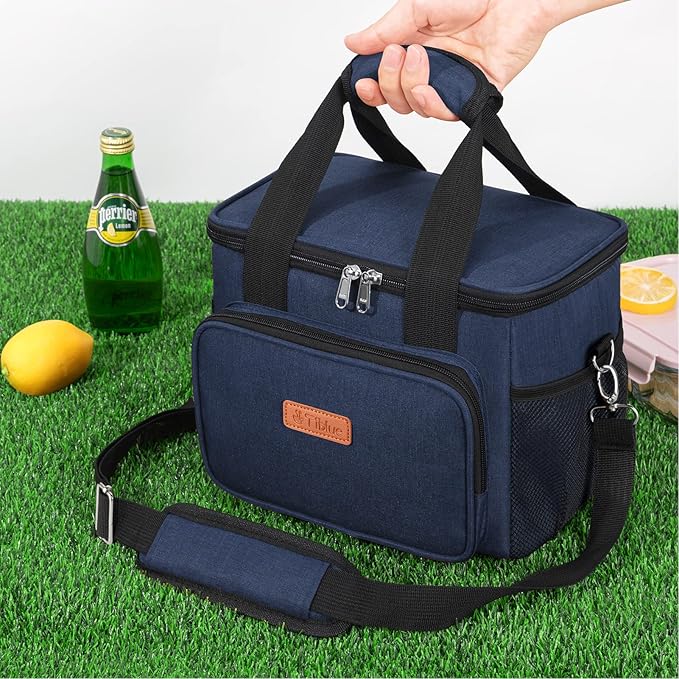 Tiblue Insulated Reusable Lunch Box for Office Work School Picnic Beach, Leakproof Freezable Cooler Bag with Adjustable Shoulder Strap (Medium, Dark Blue)