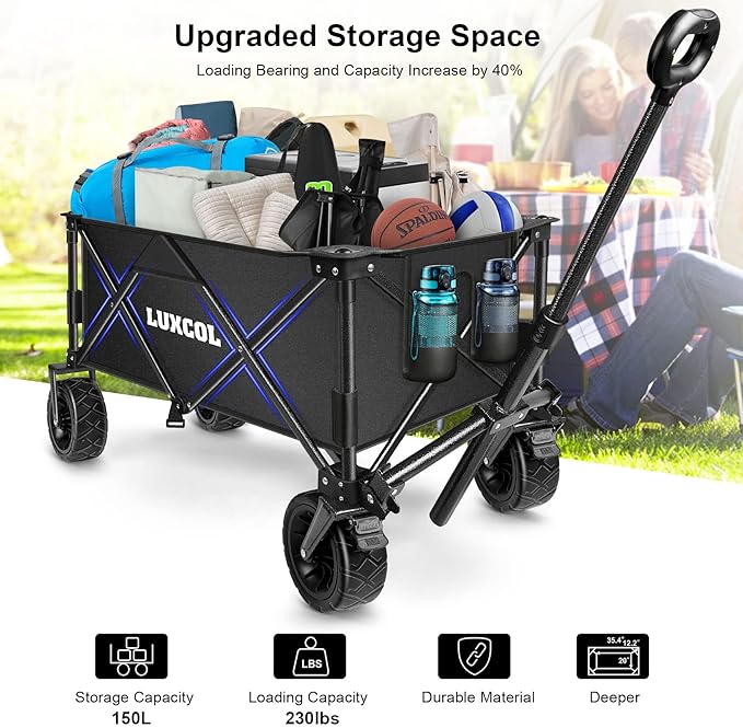 LUXCOL Collapsible Folding Wagon, Heavy Duty Utility Beach Wagon Cart for Sand with Big Wheels, Adjustable Handle&Drink Holders for Shopping, Camping,Garden and Outdoor