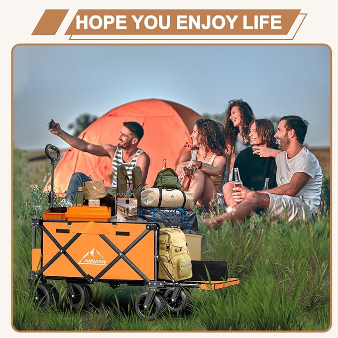 Collapsible Beach Wagon Cart with Big Wheels, 440LBS Upgrade Large Capacity Folding Wagon, Foldable Grocery Wagon with Side Pocket and Brakes, Ideal for Sand Camping Outdoor Garden Sports, Orange