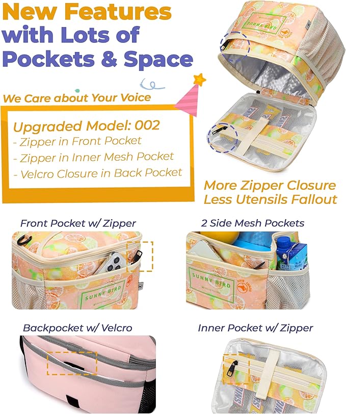 SUNNY BIRD Foldable Insulated Lunch Bag Leakproof Thermal Lunch Box for Women Men Teen with Shoulder Strap (Grapefruit Pink)