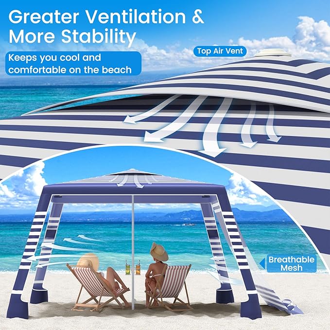 MoKo Beach Cabana, 8'×8' Large Beach Canopy with Side Wall, UPF 50+ Protection Easy Setup Beach Tent Sun Shelter, Adjustable Height Wind Resistant Cabana Beach Tent for Whole Family, Navy Stripes