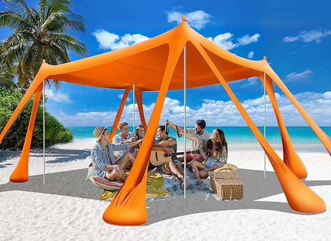 Beach Tent Sun Shelter Beach Canopy Tent Sun Shade Pop Up 10x10 UPF50+ with 8 Sandbags-2 Sand Shovel-Portable 4 Aluminum Poles-Ground Pegs-Easy Setup for Outdoor Family Camping Fishing Picnic