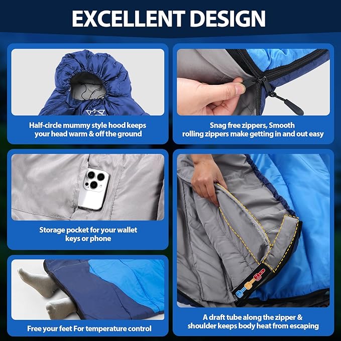 Adult Kids Sleeping Bag - All Season Warm/Cold Weather Lightweight for Camping & Hiking - Compact w/Compression Sack - Portable for Backpacking Travel Indoor - Unisex Boy Girl Man Woman