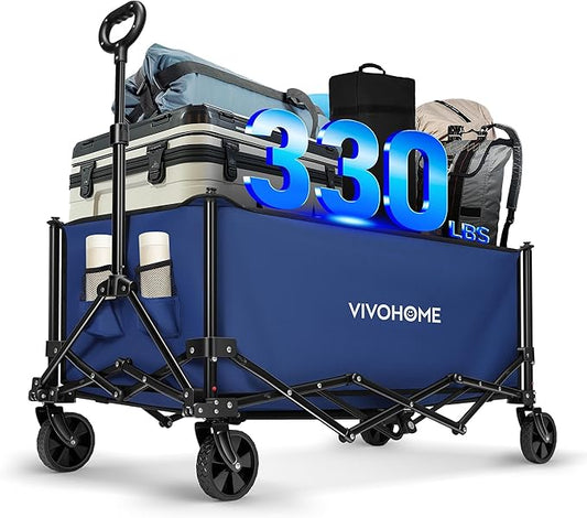 VIVOHOME Collapsible Wagon Carts, 330lbs 220L Utility Heavy Duty Foldable Wagons with Universal Wheels, Cup Holders & Side Pocket, Adjustable Handle, for Camping, Garden, Sports, Picnic, Shopping
