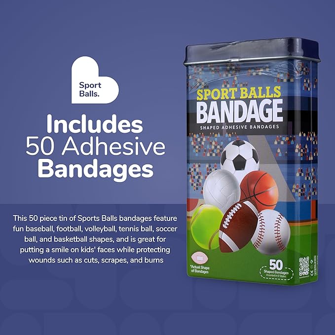 BioSwiss Bandages, Sports Balls Shaped Self Adhesive Bandage, Latex Free Sterile Wound Care, Fun First Aid Kit Supplies for Kids and Adults, 50 Count