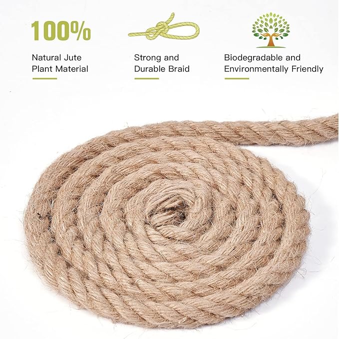 Jute Rope 1/2 Inch 200 Feet Hemp Rope for Deer, Heavy Duty, Twisted, Natural, Tug of War, for Crafts, Home Decorating Gardening Bundling