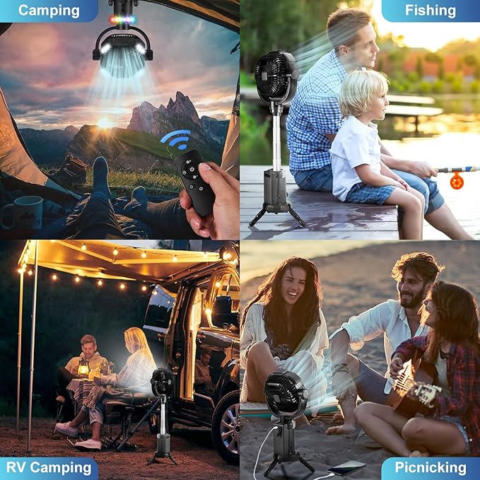 Odoland 20000mAh Camping Fan with Lantern, 360° Oscillation Table fan with Remote & Hook, Rechargeable Battery Operated Outdoor Power Fan with Light for Camp, Family Travel and Jobsite, Black