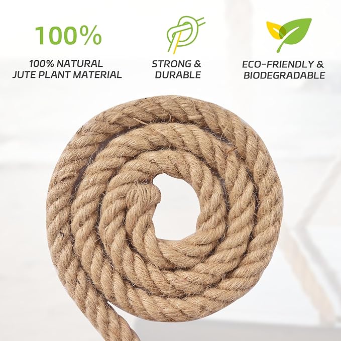 Rope 1 Inch 100 Feet, Twisted Hemp Rope, Heavy Duty Natural Jute Rope for Landscaping, Tug of War, Marine Use, Porch Swing, Gardening, Bundling, Outdoor Home Applications