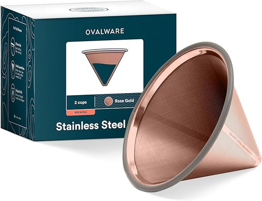 OVALWARE Paperless Stainless Steel Pour Over Coffee Filter – Reusable and Permanent Coffee Cone Dripper for Ovalware, Chemex, Hario and Other Carafes (Titanium Rose Gold)