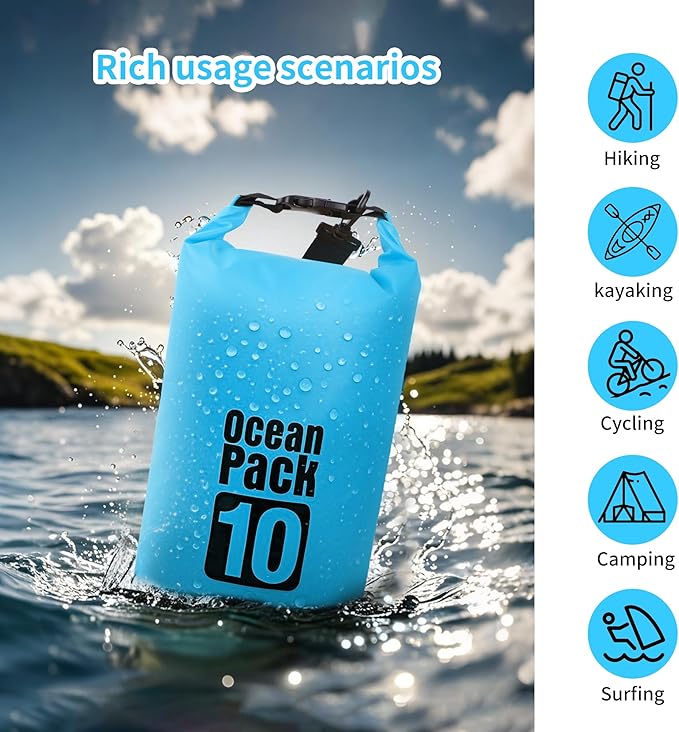 Dry Bag Waterproof for Women Men,10L Rolled Lightweight Dry Storage Bag Backpack with Phone Case for Travel,Swimming,Boating, Kayaking,Camping & Beach,Lake Blue