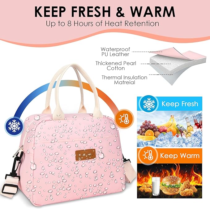 LOKASS Lunch Bag for Women-Insulated Adults Lunch Box with Front Pocket- Small Cute Lunch Tote for Work-Reusable Cooler Bag for Office Picnic Beach or Travel（pink）