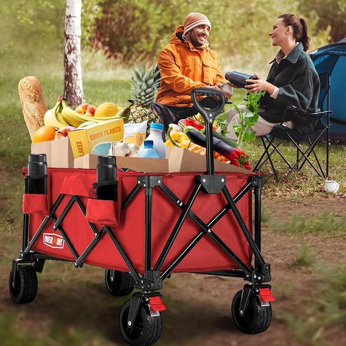 Overmont Collapsible Wagon Cart with Wheels - 220L Foldable Heavy Duty Wagon with Big All-Terrain Wheels - 330Lbs Weight Capacity with Side Pockets for Camping Sports Garden Grocery Shopping red