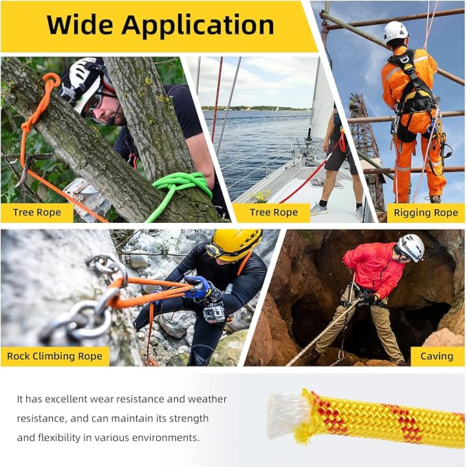 Arborist Rope, 1/2 Inch x 100 Feet Double Braided Climbing Rope Polyester for Outdoor, Climbing, Hiking, Swing, Tree Work, Halyard, Sailing etc(Yellow)