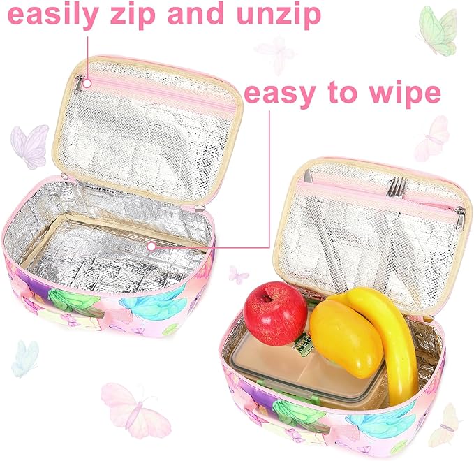 Kids Lunch Box Girls Boys Insulated Lunch Cooler Bag Reusable Lunch Tote Kit for School Travel (Butterfly)