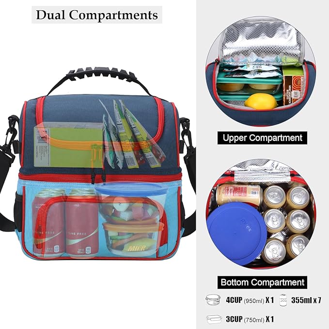 MIER 2 Compartment Lunch Bag Tote with Shoulder Strap for Men and Women Insulated Leakproof Cooler Bag, Blue