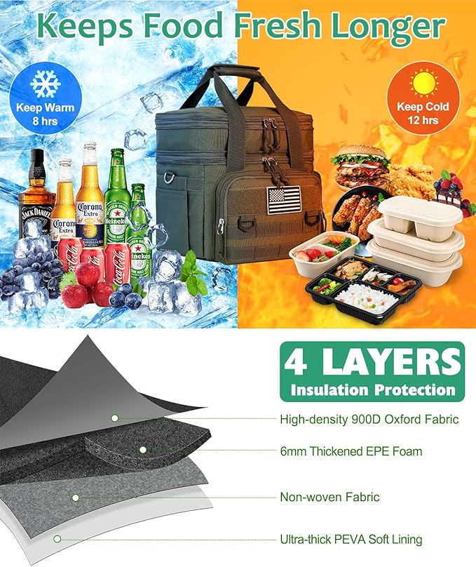 Tactical Lunch Box for Men, Expandable Large Insulated Lunch Bag for Adult, Heavy Duty Double Deck Lunch Cooler Bag with Shoulder Strap Leakproof Waterproof Lunch Tote for Travel Work Office - Green