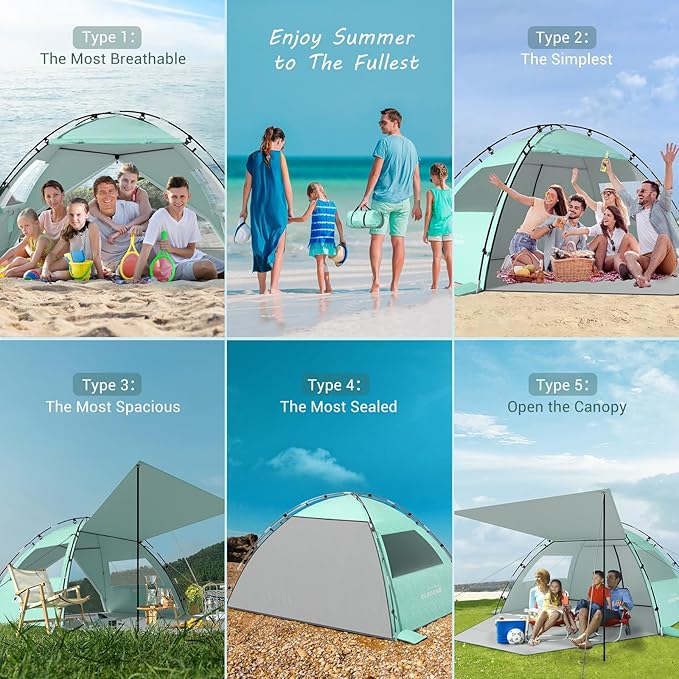 Elegear Beach Tent Sun Shelter with Canopy, 6-8 Person Pop Up Beach Tent, Easy Setup UPF 50+ UV Protection Portable Lightweight Double Silver Coating Beach Cabana Sun Shade Shelter - Green