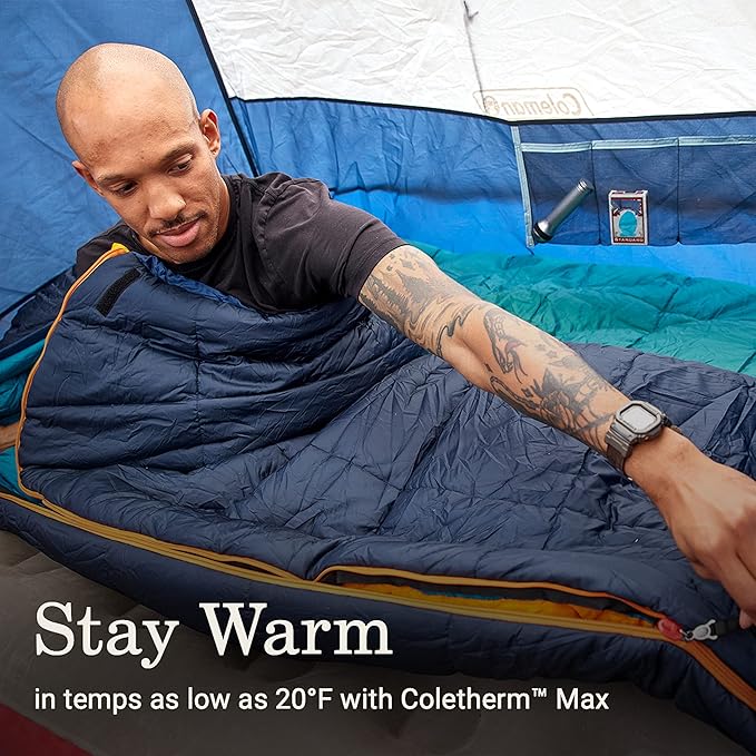 Coleman Big Bay 20°F Sleeping Bag, Adult Mummy Sleep Sack with Headrest