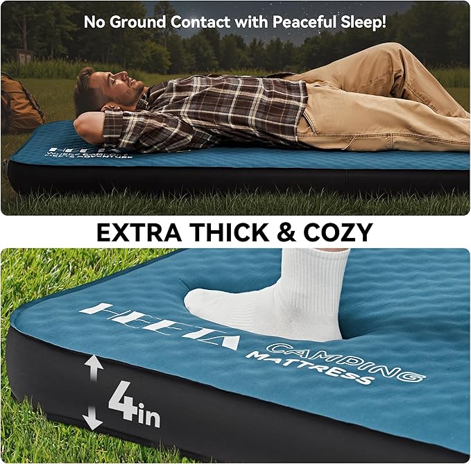 HEETA Self Inflating Sleeping Pad with Electric Pump, 4" Ultra Thick Memory Foam Camping Mattress, 9.5 R-Value Insulated Sleeping Mat, Easy to Inflate & Deflate for Camping Car Travel Tent Cot Bed