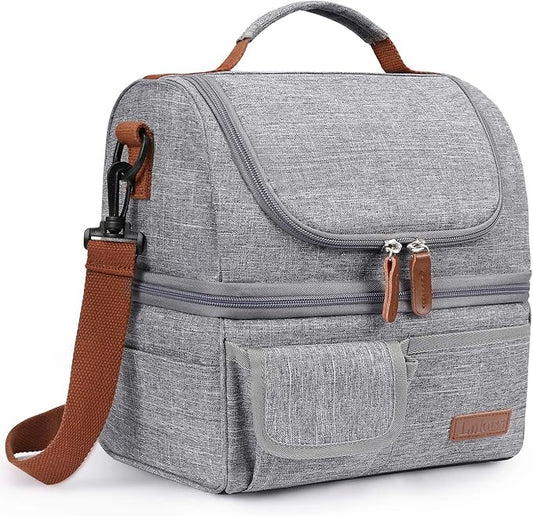 LOKASS Lunch Bag Double Deck Insulated Lunch Box Large Cooler Tote Bag with Removable Shoulder Strap Wide Open Thermal Meal Prep Lunch Organizer Box for Men/Women/Adults/Work/Outdoor, Gray