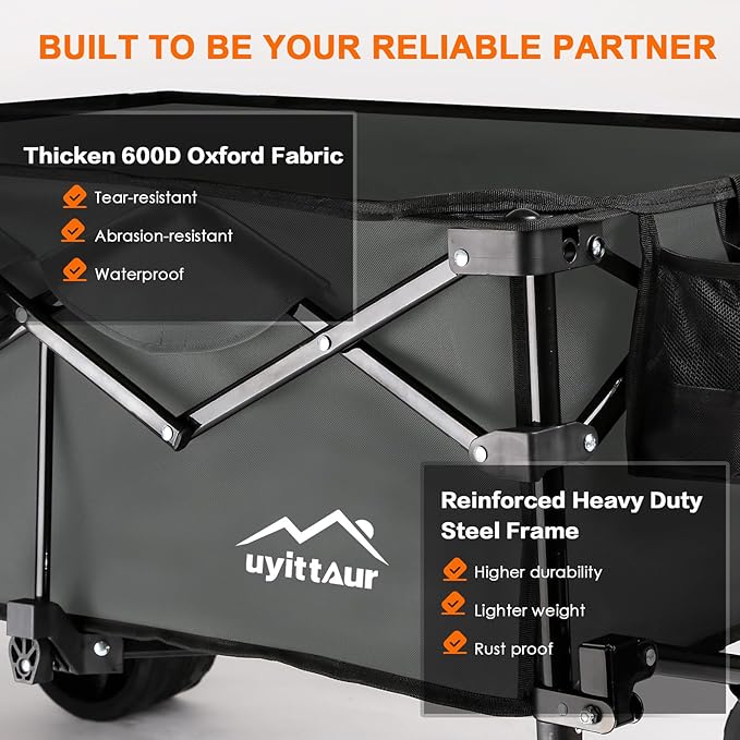 Collapsible Wagon Cart Heavy Duty Foldable, Folding Beach Wagon with Big Wheels for Sand, Utility Grocery Cart with Side Pocket and Brakes for Camping Sports Outdoor Activities, Grey