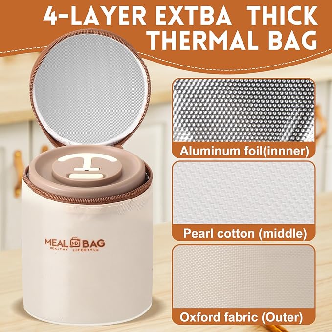 Dandat 2 Pcs Insulated Lunch Containers Thermal Bento Box with Bag Fork Knife Microwavable Stainless Steel Lunch Box 15.2 oz 21 oz Separate Stackable Thermal Food Jar for Adult Men Women(Khaki)