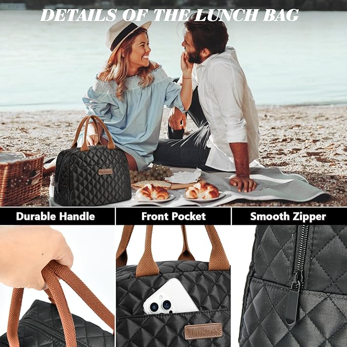 LOKASS Lunch Bag for Women/Men-Insulated Adults Lunch Box with Front Pocket- Small Cute Lunch Tote for Work-Reusable Cooler Bag for Office Picnic Beach or Travel