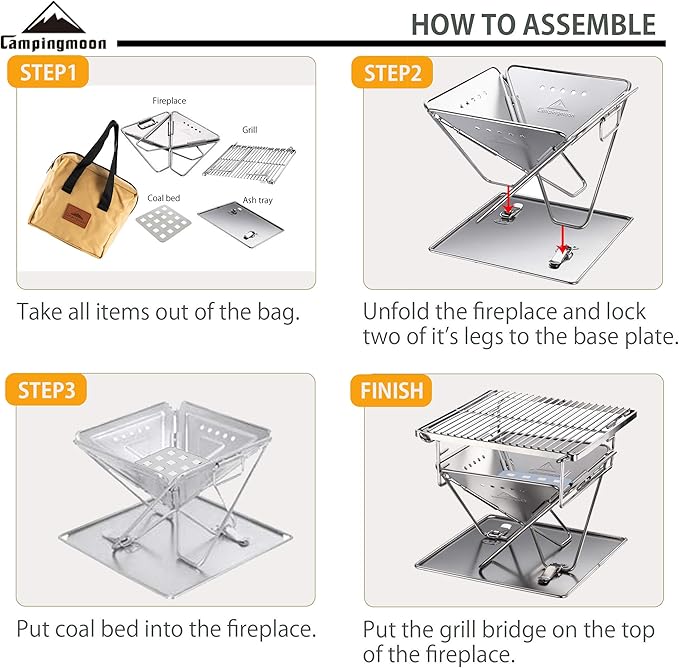 CAMPINGMOON Tabletop Small Charcoal Grill Mini Portable Fire Pit 9.65-inch Stainless Steel with Carrying Bag X-MINI-PRO
