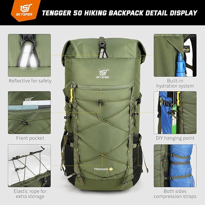SKYSPER Hiking Backpack, 50L/60L Backpacking Backpack for Camping Travel, Lightweight Waterproof Outdoor Pack for Men Women