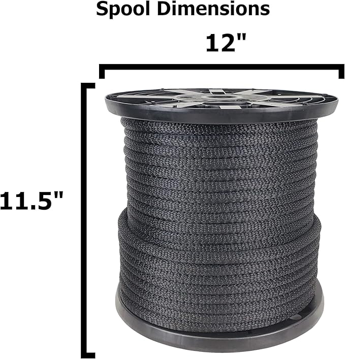 1/2 inch Black Dacron Polyester Rope - 250 Foot Spool | Solid Braid - Industrial Grade - High UV and Abrasion Resistance - Low Stretch