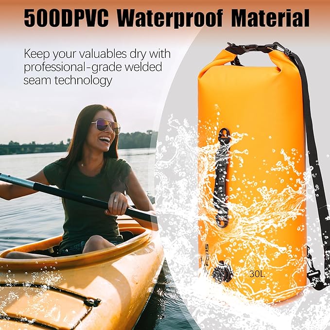 8 Fans Dry Bag Backpack Waterproof,30L Roll Top Bag with Phone Case, Perfect for Floating,Travel,Swimming,Boating,Kayaking,Camping,and Beach Activities(Air Release Valves, Orange)