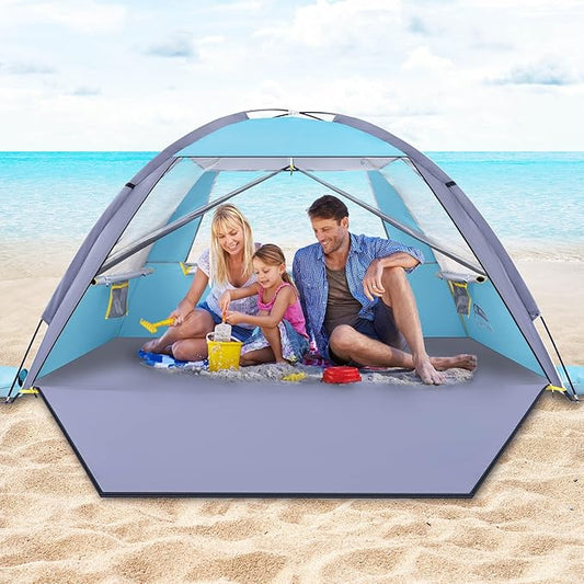Happy Travel Beach Tent, UPF 50+ UV Protection Sun Shade Shelter for 3/4/5/6/7/8 Person, Portable Beach Canopy for Family & Baby, Lightweight & Easy Setup Beach Cabana with 3 Ventilation Mesh Windows