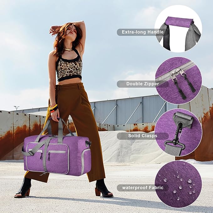 Dimayar 40L Travel Duffle Bag for Men Women - Foldable Duffel Bag with Shoes Compartment - Overnight Bags Waterproof & Tear Resistant(Purple)