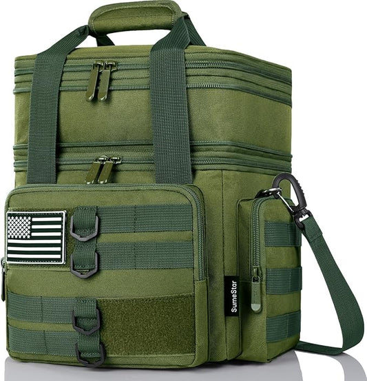 Tactical Lunch Box for Men, Large Insulated Bag Adult, Heavy Duty Double Deck Expandable Cooler Leakproof Waterproof Tote Work Office Camping Travel - Green, LB-KH0606