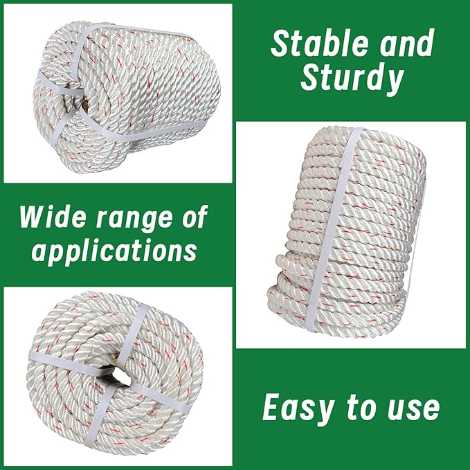 5/8 in 150 FT Braided Rope 8600 LBS Breaking Strength High Force Polyester Rope Suitable for Swing Camping Tree Work White Red