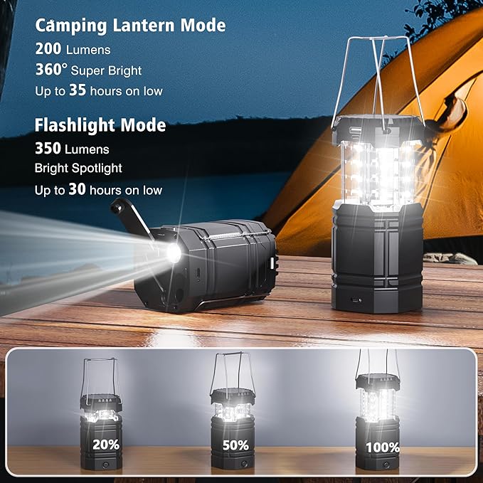 3000mAh Rechargeable Camping Lantern – Solar Powered, Hand Crank, USB-C Charging, Super Bright LED Flashlight & Tent Light, Portable Power Bank for Hurricane, Power Outages, Survival Kit