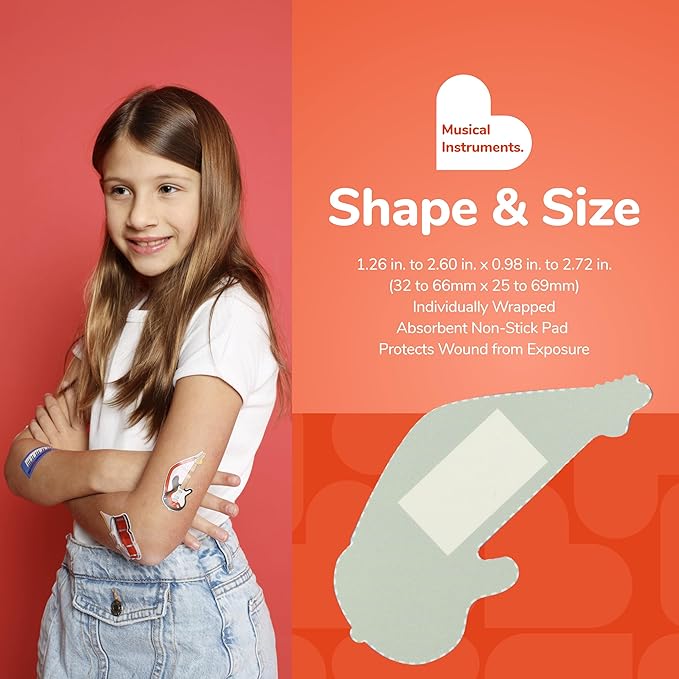 BioSwiss Bandages, Musical Instruments Shaped Self Adhesive Bandage, Latex Free Sterile Wound Care, Fun First Aid Kit Supplies for Kids and Adults, 50 Count