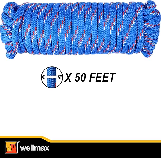 Wellmax Diamond Braid Nylon Rope - 3/8 Inch by 50 Feet Blue Color - Extra Strength, Sunlight and Weather Resistant - Heavy Duty Construction
