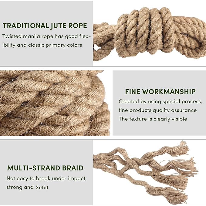 Manila Rope 1.5in x 100ft,Natural Hemp Rope,Thick Large Decorative Hemp Nautical Ropes,Twisted Manila Ropes Great for Gardening,Railings,Hammock Nautical