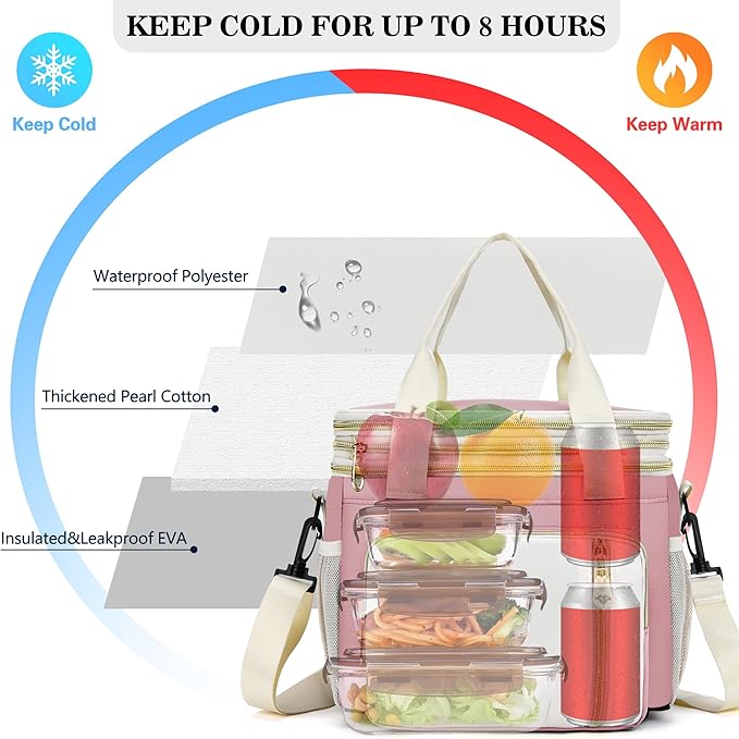 LOKASS Lunch Box for Women, 16L, Double Deck Expandable Insulated Lunch box For Adults/Women Thermal Large Waterproof Leakproof Cooler Bag with Shoulder Strap - Light Pink