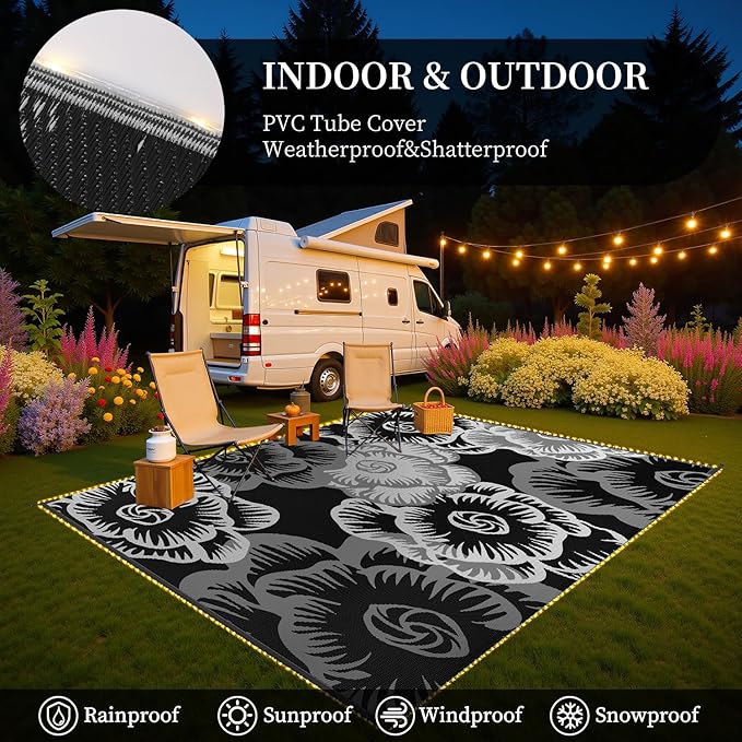 MontVoo Outdoor Rug with Led String Strip Lights 8x10ft Waterproof Outdoor Patio Rug Mat Reversible Plastic Straw Rug Outside Outdoor Rug for RV Camping Picnic Balcony Backyard Fairy Outdoor Decor