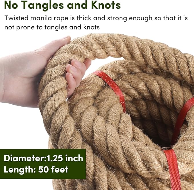 Manila Rope1-1/4in x 50ft,Natural Hemp Thick Rope,Large Decorative Nautical Rope,Twisted Manila Ropes Great for Gardening,Railings,Hammock