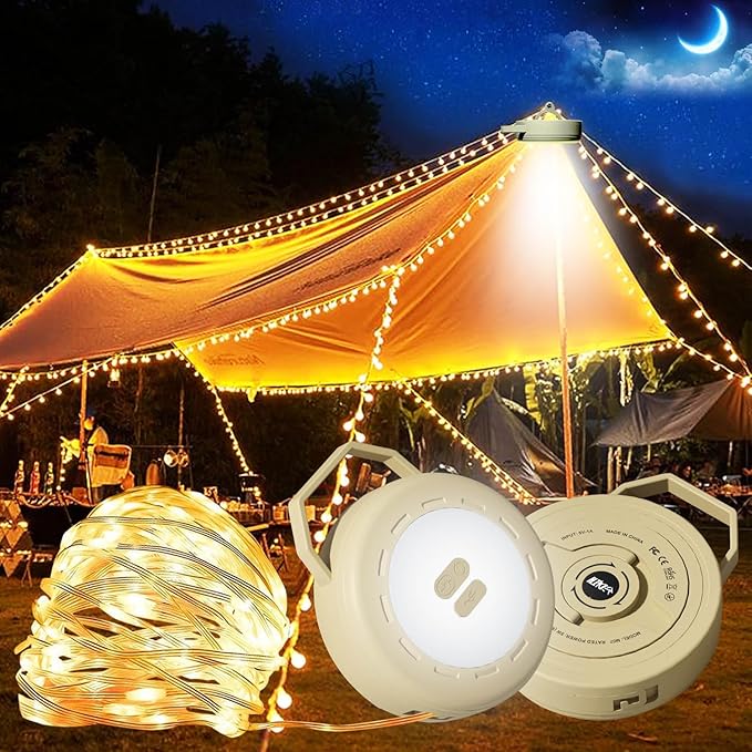 Retractable Camping String Lights Reel, Portable Stowable Rechargeable Strip Light, Waterproof Tent Lantern for Outdoor Hiking Awning Garden Party Festival Decor (Yellow)