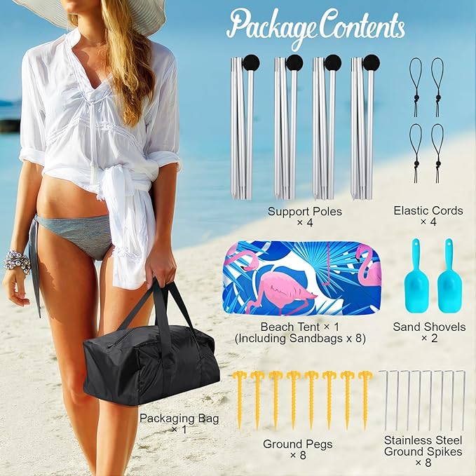 Rhino Valley Beach Tent Sun Shelter, 10x10FT Beach Canopy Tent Sun Shade UPF50+ Protection with 8 Sandbags 4 Stability Poles, Outdoor Beach Shade Canopy 6-8 People for Beach Camping Fishing