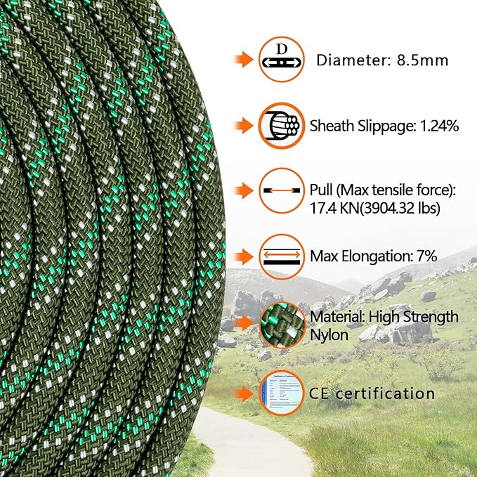 AOLEBA 8.5mm Static Climbing Rope, Outdoor Rock Climbing Ropes, Heavy Duty Rappelling Rope for Fire Rescue, Escape, 10M(32Ft) 20M(64Ft) 30M(96Ft) Ice Climbing Equipment & Parachute Accessories