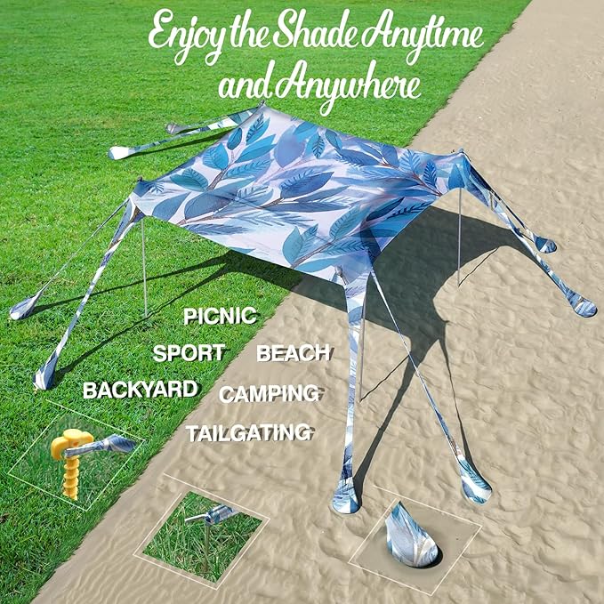 Rhino Valley Beach Tent Sun Shelter, 10x10FT Beach Canopy Tent Sun Shade UPF50+ Protection with 8 Sandbags 4 Stability Poles, Outdoor Beach Shade Canopy 6-8 People for Beach Camping Fishing