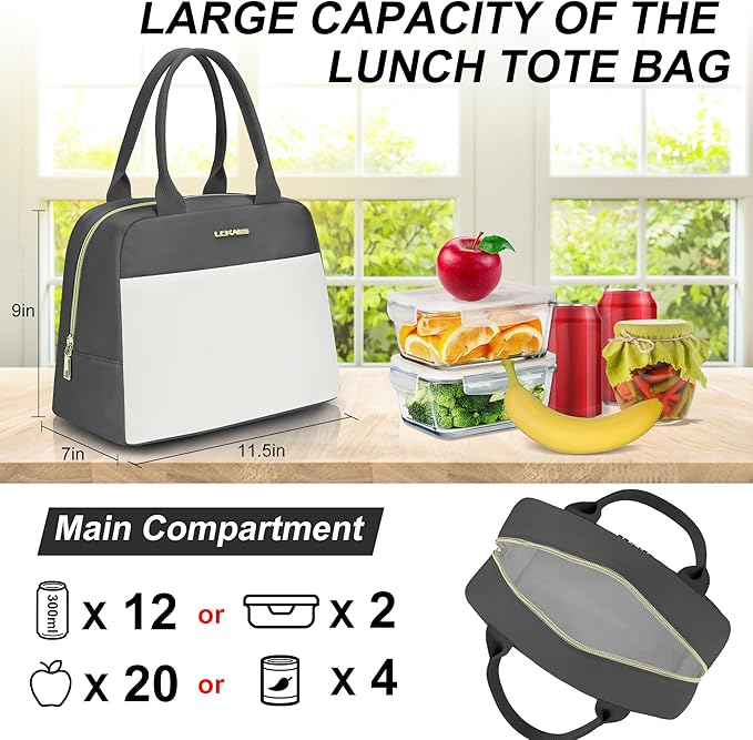 LOKASS Lunch Bag for Women-Insulated Adults Lunch Box with Front Pocket- Small Cute Lunch Tote for Work-Reusable Cooler Bag for Office Picnic Beach or Travel (Dark Grey)