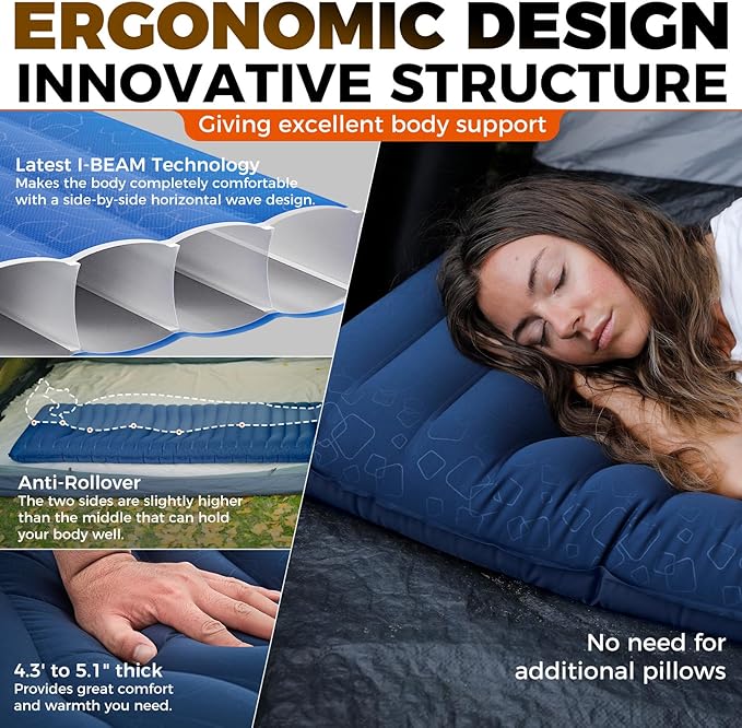 KingCamp Self Inflating Sleeping Pad for Camping with Built-in Pillow, Ultralight Sleeping Pad Camping Mat Durable for Camping Backpacking Hiking Single Double, 4 Size