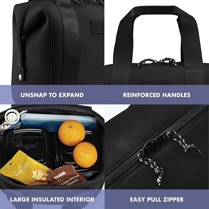 Fit & Fresh Neoprene Like Lunch Bag For Women, Insulated Womens Lunch Bag For Work, Tear & Stain Resistant Large Lunch Box With Containers and Ice, Machine Washable Remi Lunch Bag, Black