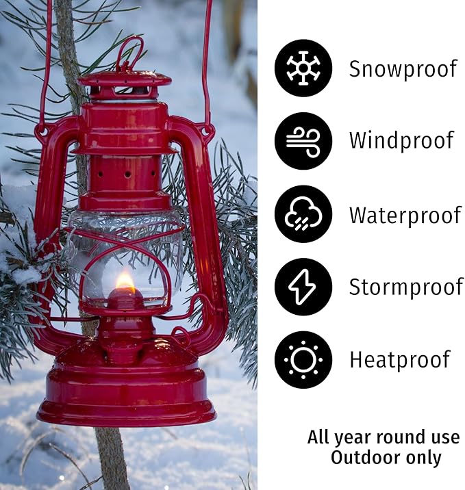 Outdoor Kerosene Fuel Lantern, German Made Weather Resistant Baby Special 276 Galvanized Hurricane Lamp for Camping or Patio, 10 Inches, Ruby Red